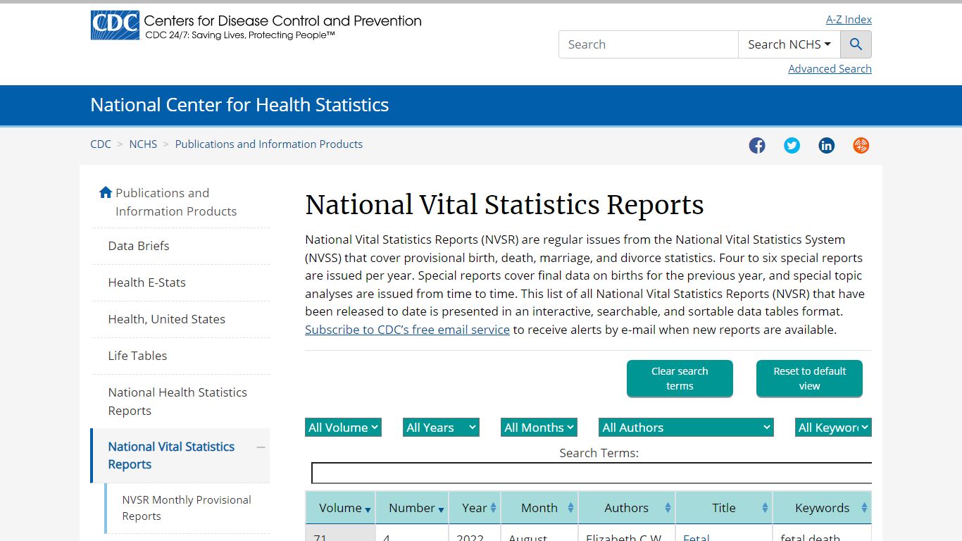Products - National Vital Statistics Reports - Homepage